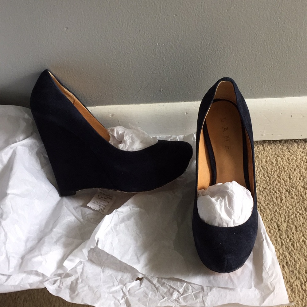 L.A.M.B blue suede platform shoes